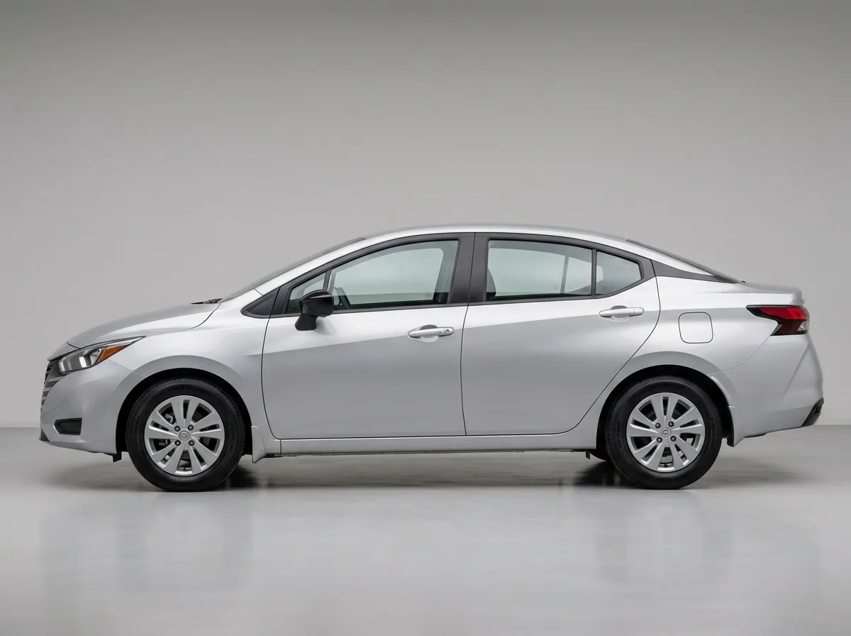Nissan Versa compact sedan, silver, rental-ready on neutral background, side profile, clean professional shot