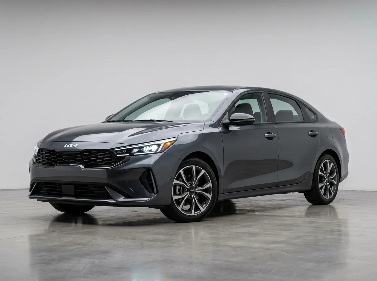 Kia K4 intermediate sedan, dark grey, modern design, front angle studio photo, vehicle rental listing image