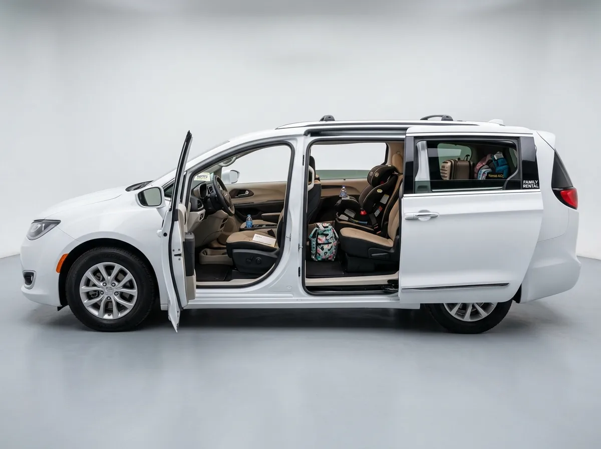 Chrysler Pacifica minivan white, family rental vehicle, side view studio shot, spacious interior visible through windows