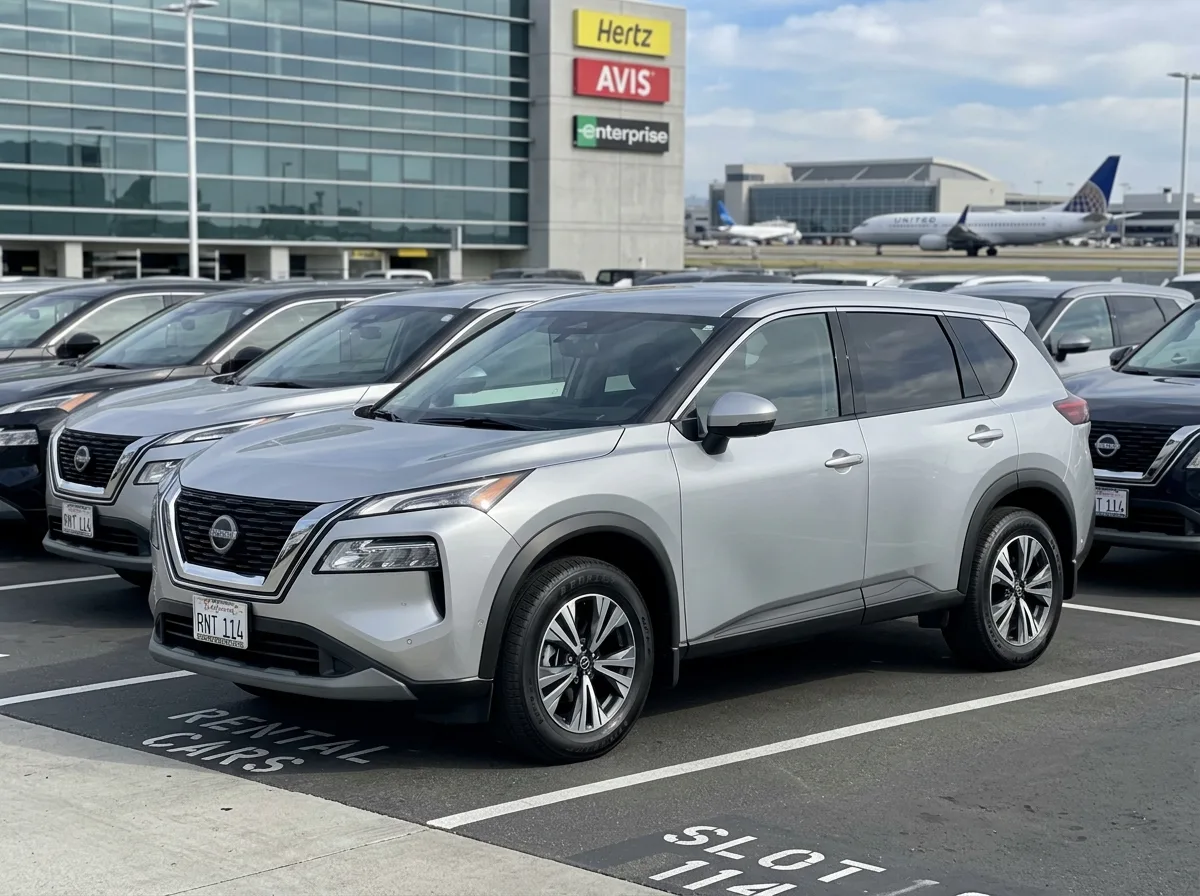 Nissan Rogue compact SUV, silver metallic, front three-quarter angle, airport rental fleet photography, clean background