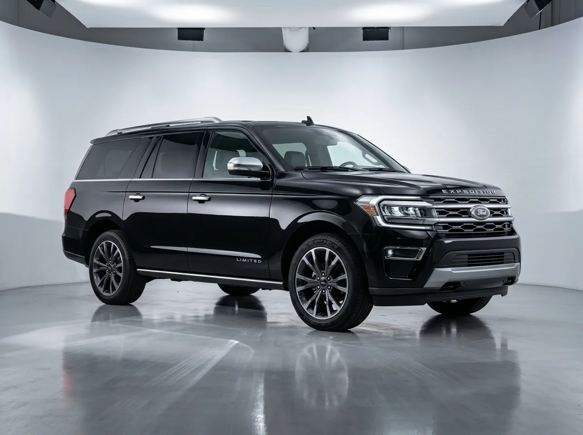 Ford Expedition full-size SUV black, large family rental vehicle, three-quarter view, studio automotive photography