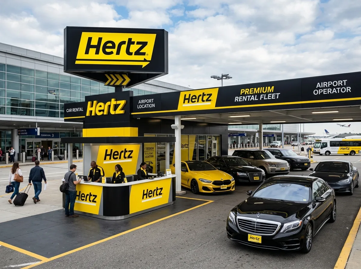 Hertz car rental brand logo, yellow and black, premium rental fleet airport operator