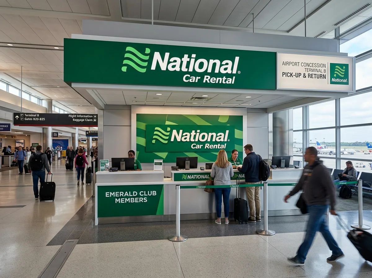 National Car Rental logo, emerald green official brand, airport concession terminal mark